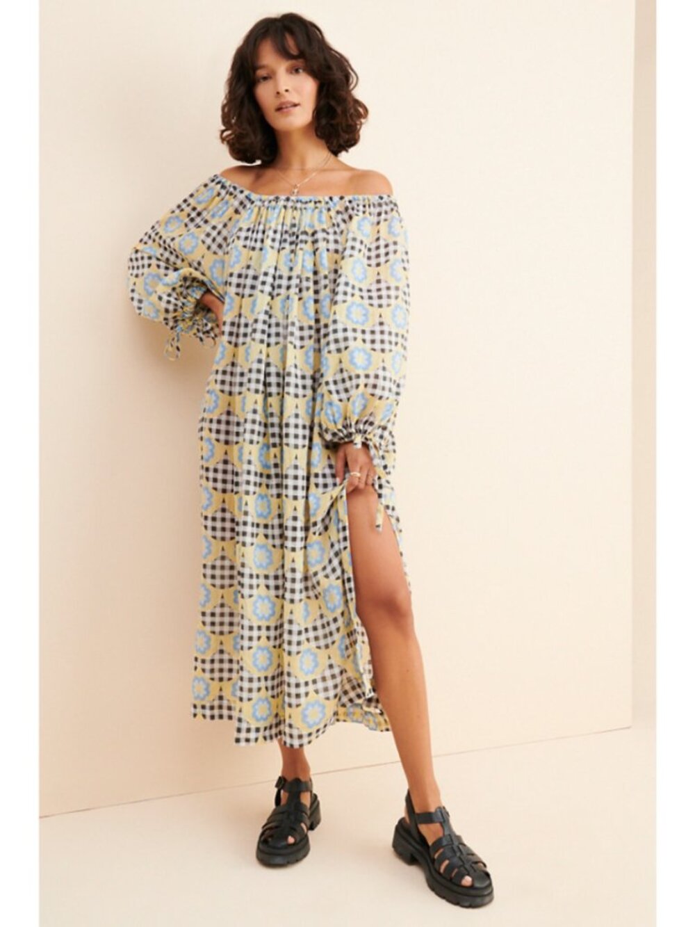 Innika Choo Frida Floral Midi Dress Gingham Size 3 L/XL Boho Bohemian Summer